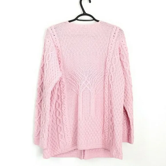 Kilronan knitwear Irish Merino Wool Chunky cable knit Cardigan Pink M