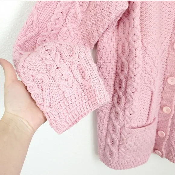 Kilronan knitwear Irish Merino Wool Chunky cable knit Cardigan Pink M