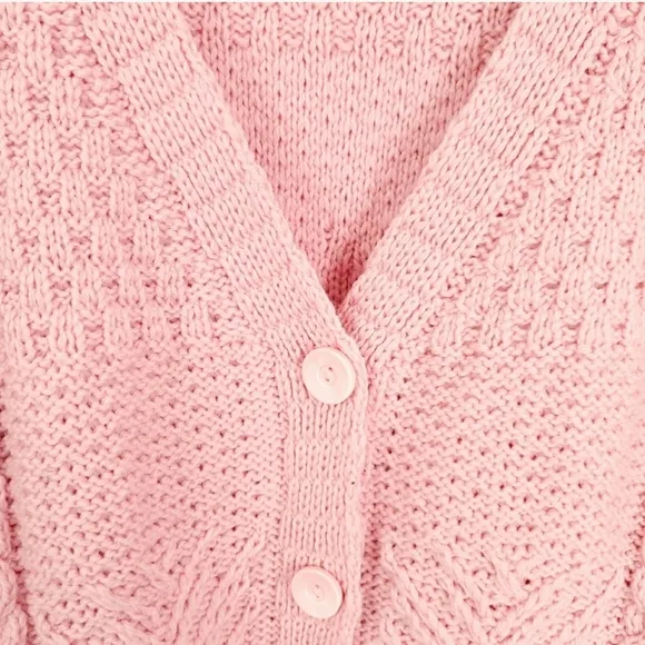 Kilronan knitwear Irish Merino Wool Chunky cable knit Cardigan Pink M