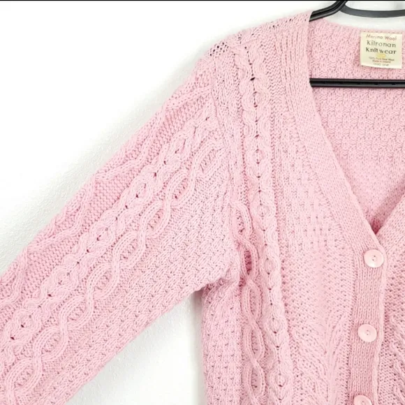 Kilronan knitwear Irish Merino Wool Chunky cable knit Cardigan Pink M