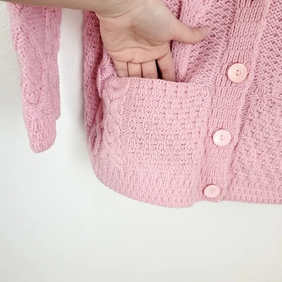 Kilronan knitwear Irish Merino Wool Chunky cable knit Cardigan Pink M