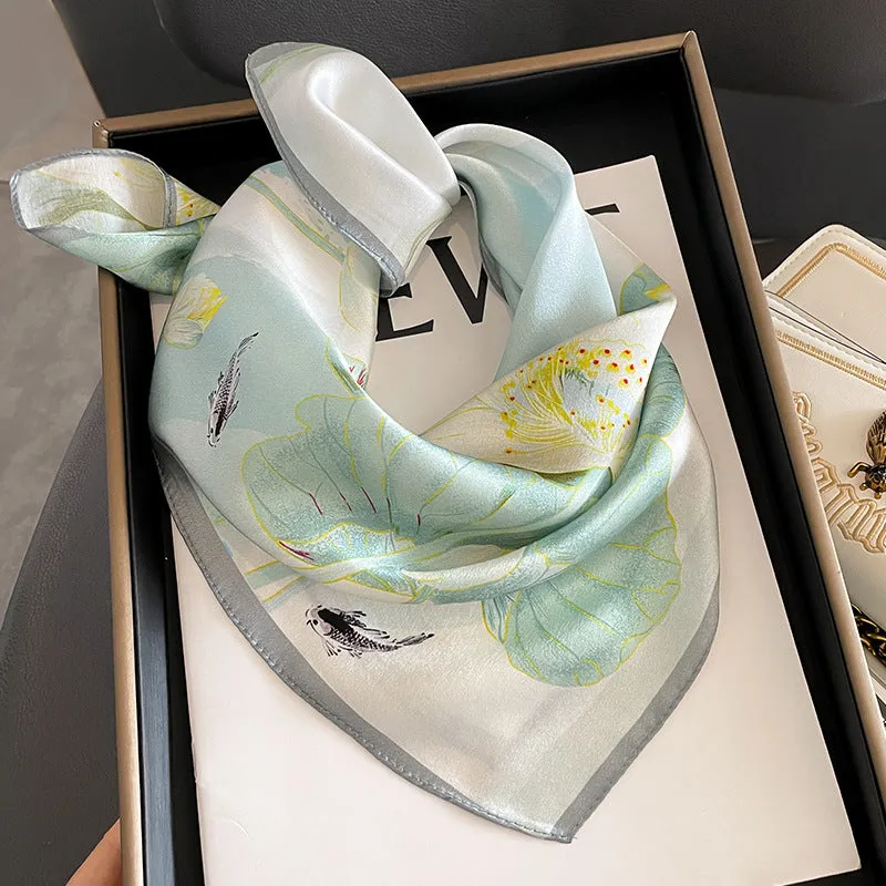 Korean Style Autumn And Winter New Arrival Printed Lotus Spring And Autumn Silk Scarf Women's Fashionable Elegant Decorative Mulberry Silk Scarf Scarf