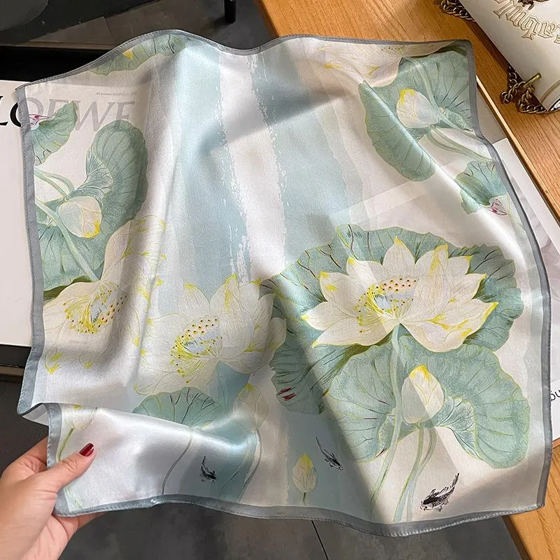 Korean Style Autumn And Winter New Arrival Printed Lotus Spring And Autumn Silk Scarf Women's Fashionable Elegant Decorative Mulberry Silk Scarf Scarf