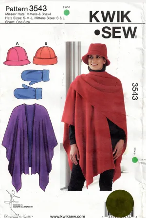 Kwik Sew 3543 Womens EASY Fleece Hat Mittens & Shawl Out Of Print Sewing Pattern Size XS - XL UNCUT Factory Folded