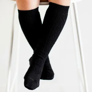 Lamington Merino Knee High Socks - Black Cable