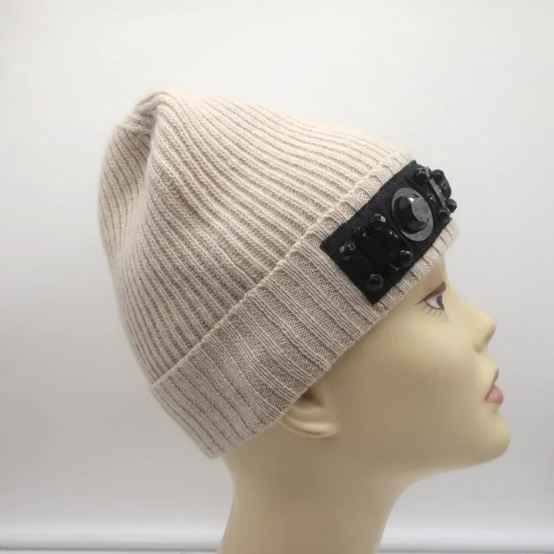 Lanvin Embellished Beanie Beige Ribbed Wool-Cashmere