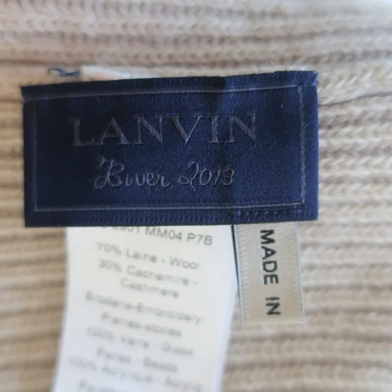 Lanvin Embellished Beanie Beige Ribbed Wool-Cashmere
