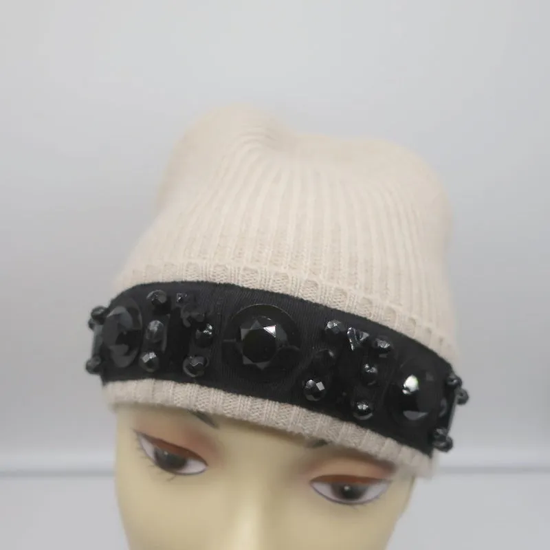 Lanvin Embellished Beanie Beige Ribbed Wool-Cashmere