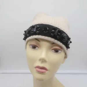 Lanvin Embellished Beanie Beige Ribbed Wool-Cashmere
