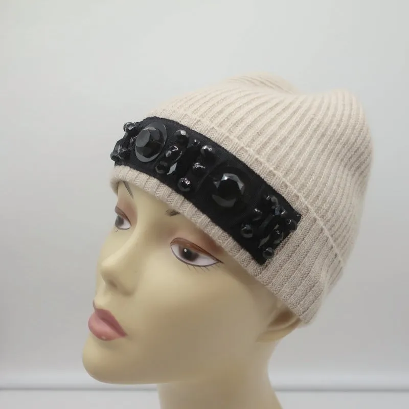 Lanvin Embellished Beanie Beige Ribbed Wool-Cashmere