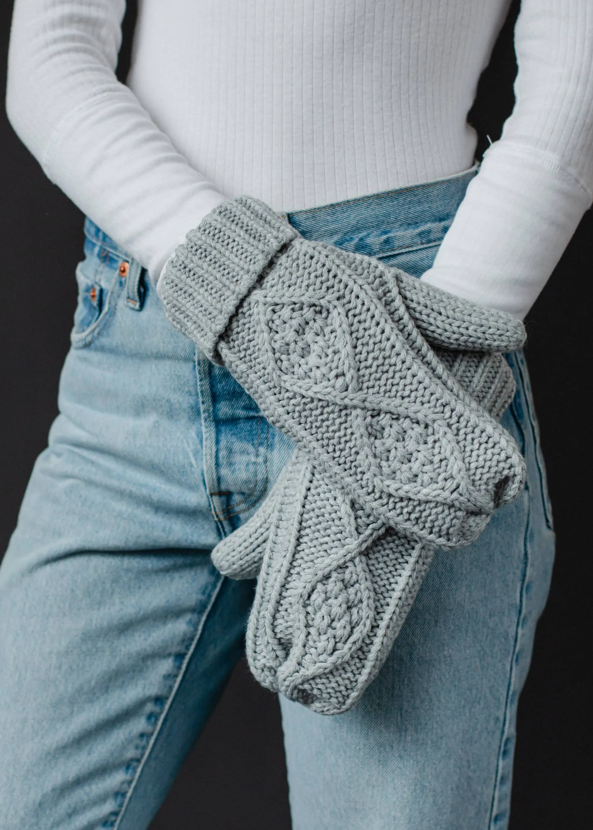 Light Gray Cable Knit Mittens