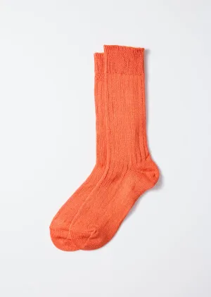 Linen Cotton Ribbed Crew Socks - Orange Red