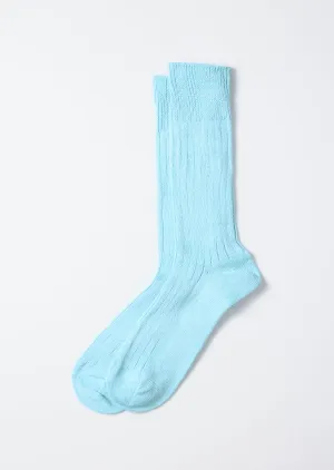 Linen Cotton Ribbed Crew Socks - Sky Blue