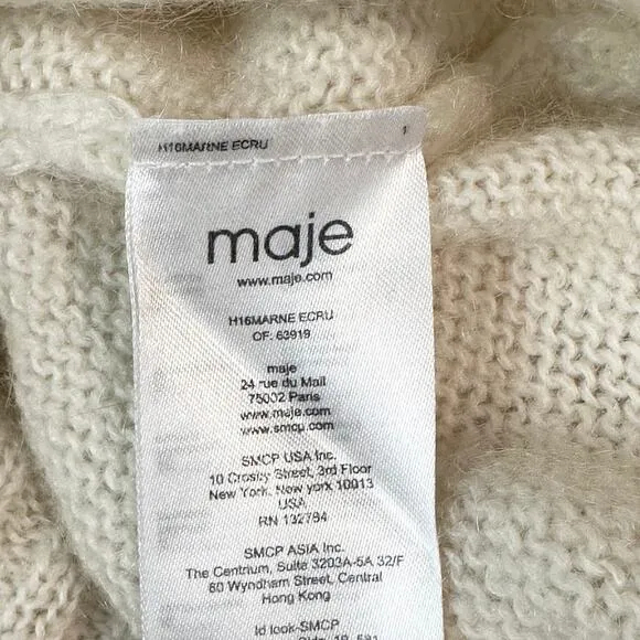 Maje Marne Sweater Crew Neck Mohair Wool Blend Fitted Pullover Ecru White