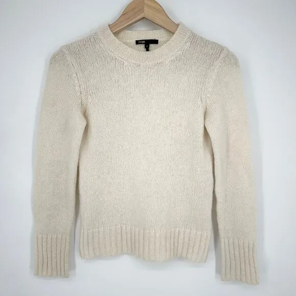 Maje Marne Sweater Crew Neck Mohair Wool Blend Fitted Pullover Ecru White