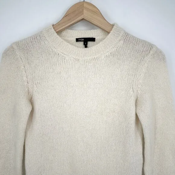 Maje Marne Sweater Crew Neck Mohair Wool Blend Fitted Pullover Ecru White