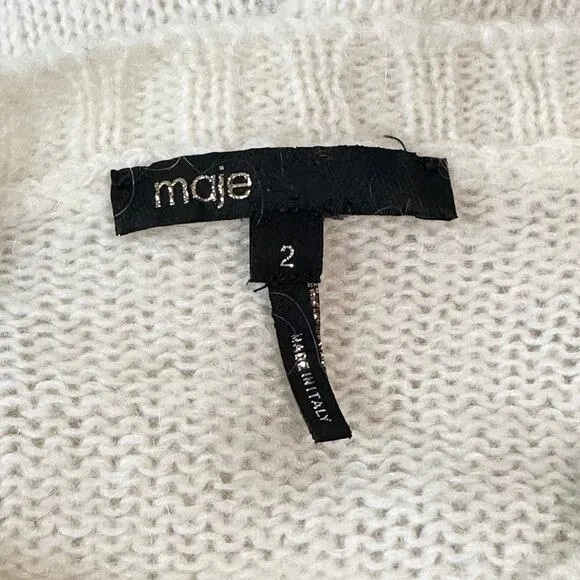 Maje Marne Sweater Crew Neck Mohair Wool Blend Fitted Pullover Ecru White