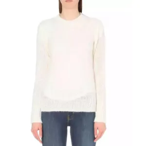 Maje Marne Sweater Crew Neck Mohair Wool Blend Fitted Pullover Ecru White