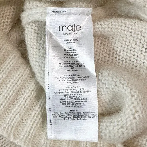 Maje Marne Sweater Crew Neck Mohair Wool Blend Fitted Pullover Ecru White
