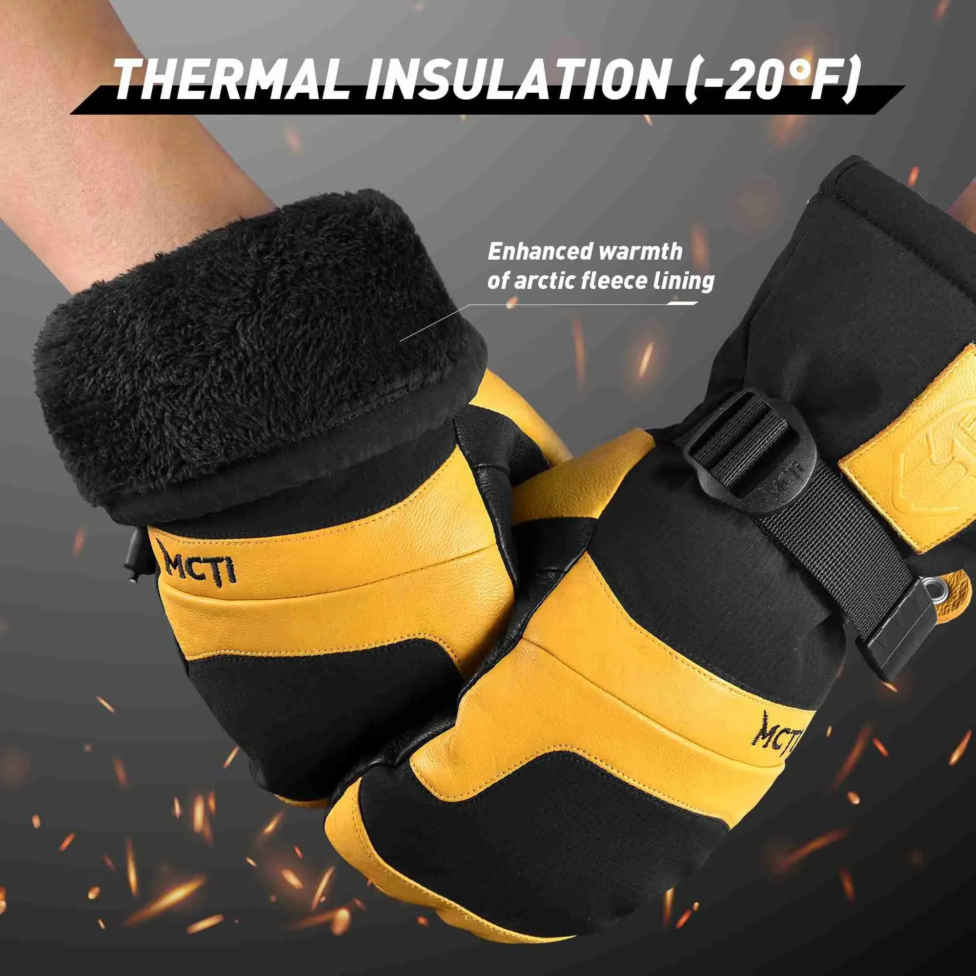 MCTi Leather Ski Mittens - Waterproof Winter Mitts for Men