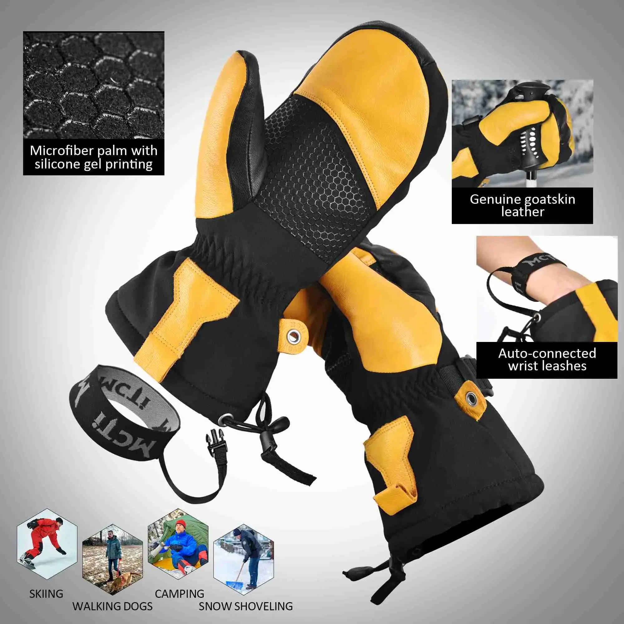 MCTi Leather Ski Mittens - Waterproof Winter Mitts for Men