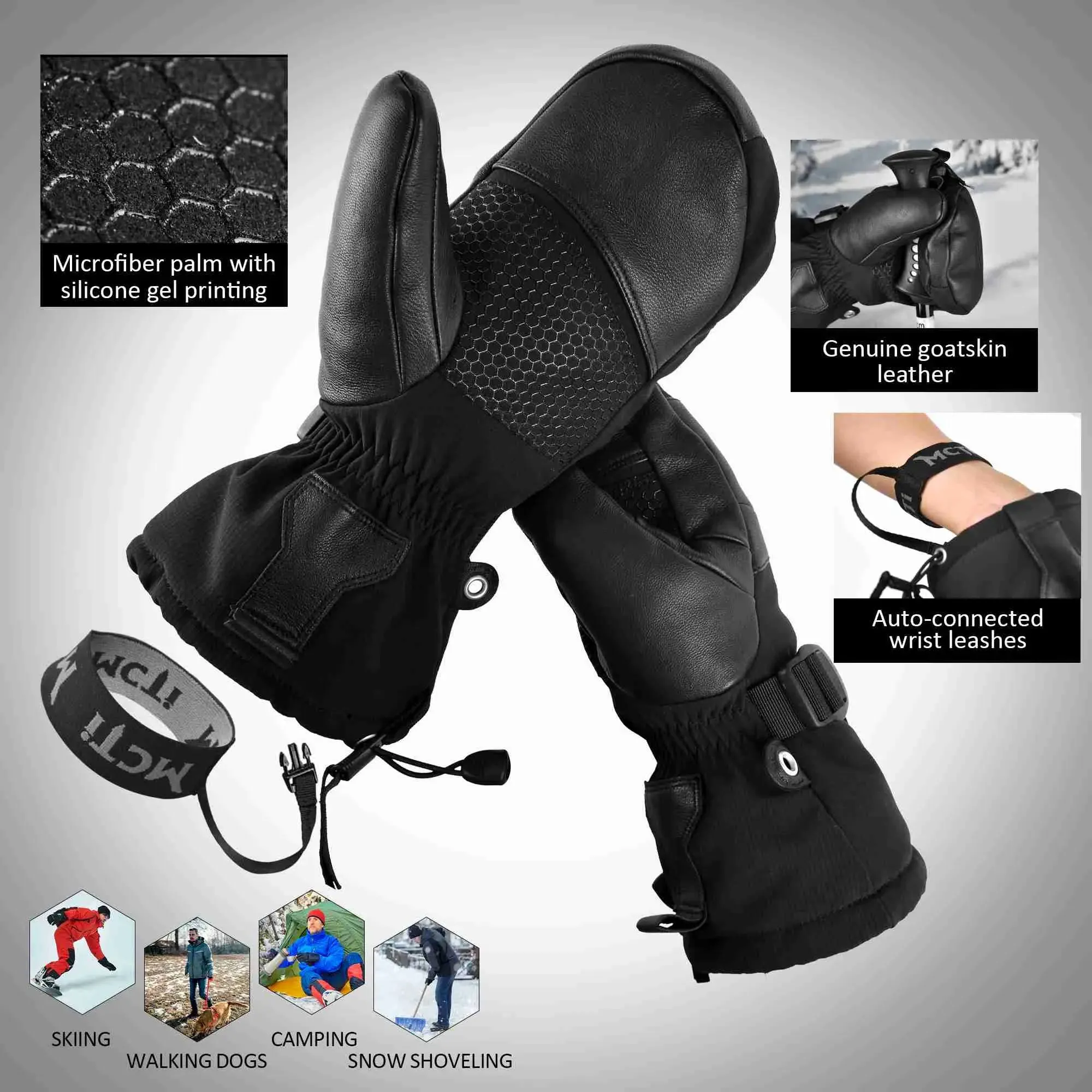 MCTi Leather Ski Mittens - Waterproof Winter Mitts for Men