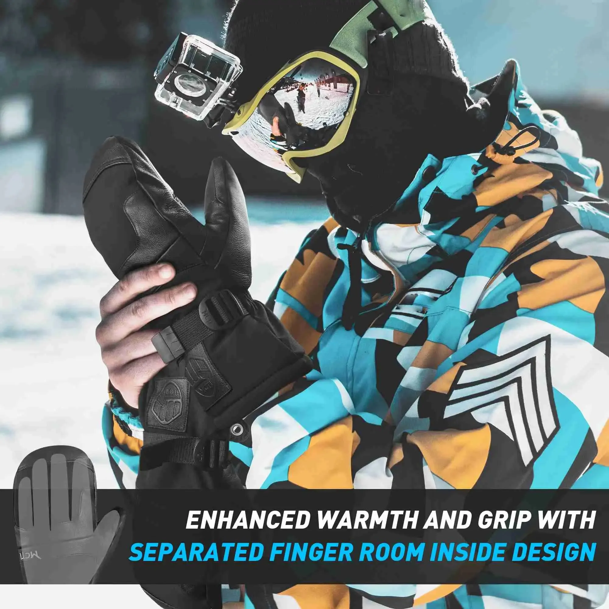 MCTi Leather Ski Mittens - Waterproof Winter Mitts for Men