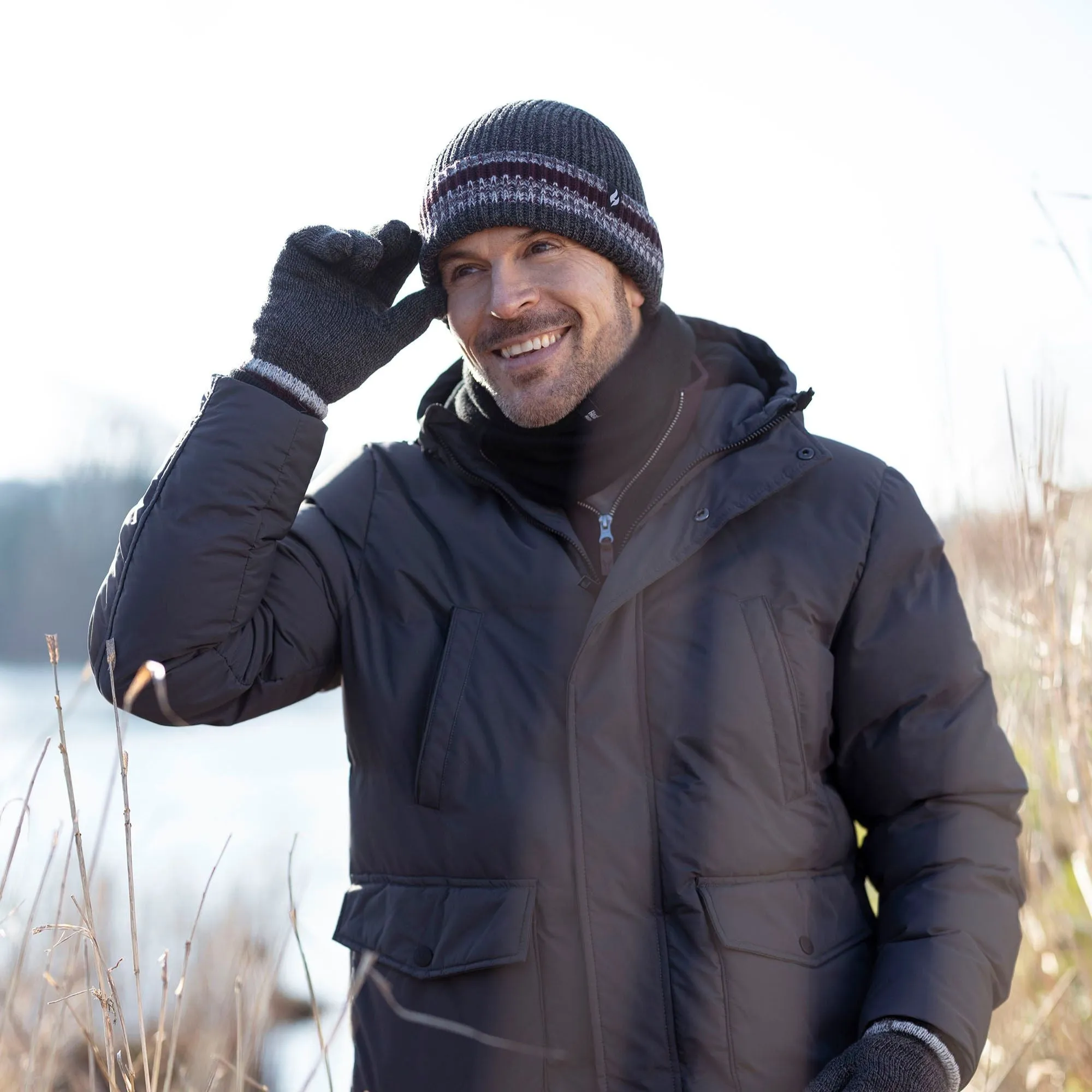 Mens Striped Turnover Cuff Knitted Thermal Beanie Hat for Winter
