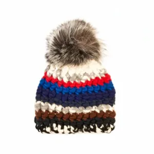 Mischa Lampert Deep Ski Stripe Beanie with Racoon Pom