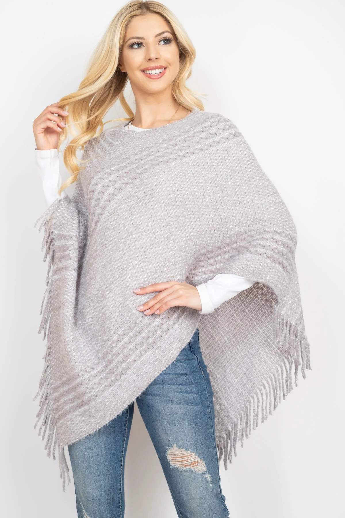 MS0197 - STRIPED KNIT TASSEL PONCHO