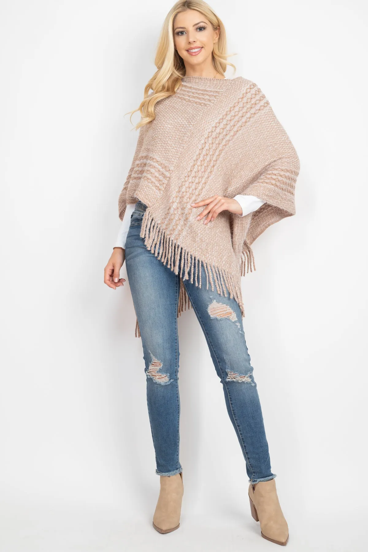 MS0197 - STRIPED KNIT TASSEL PONCHO