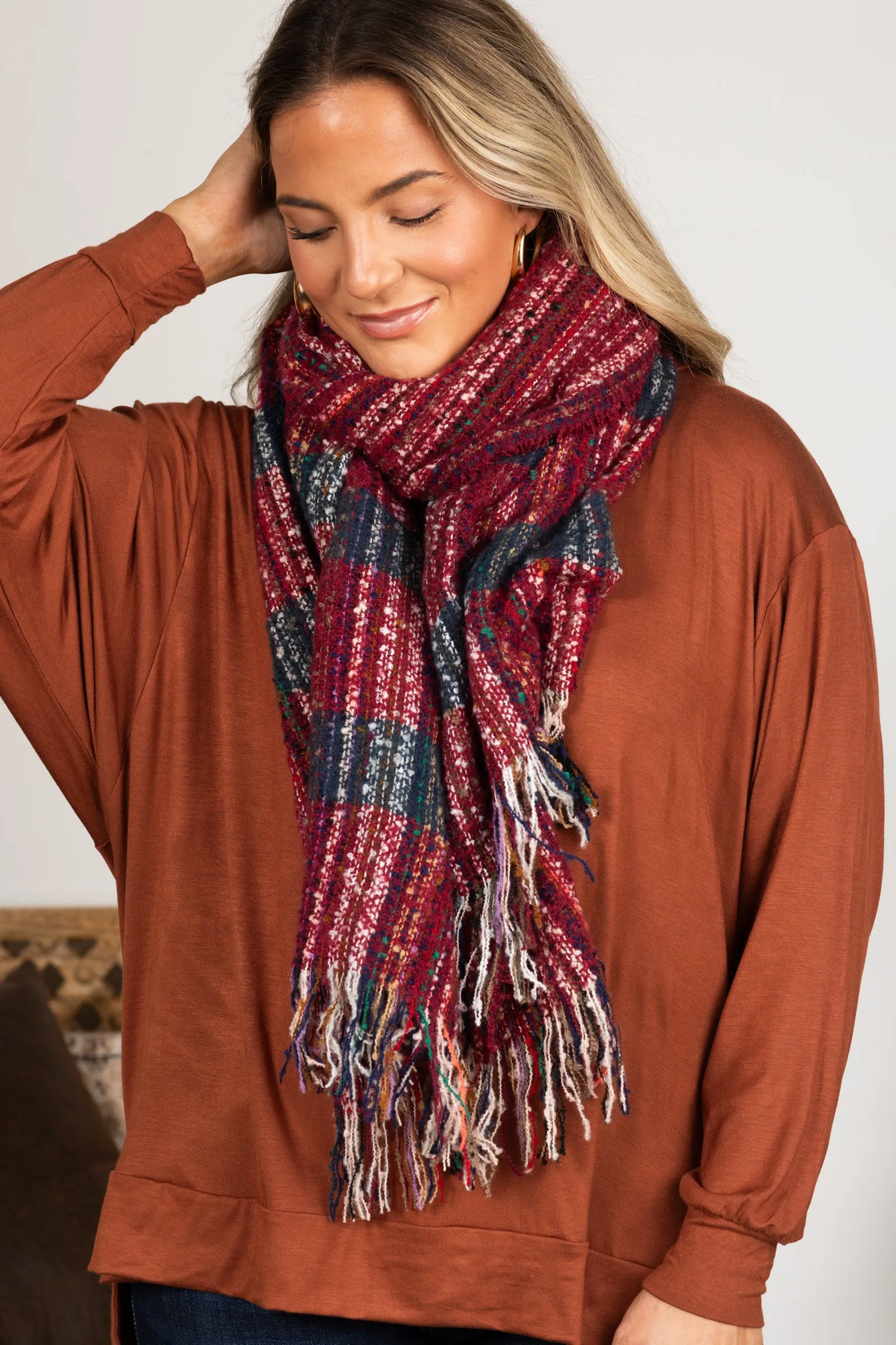 Multicolor Knit Soft Boucle Scarf With Fringe