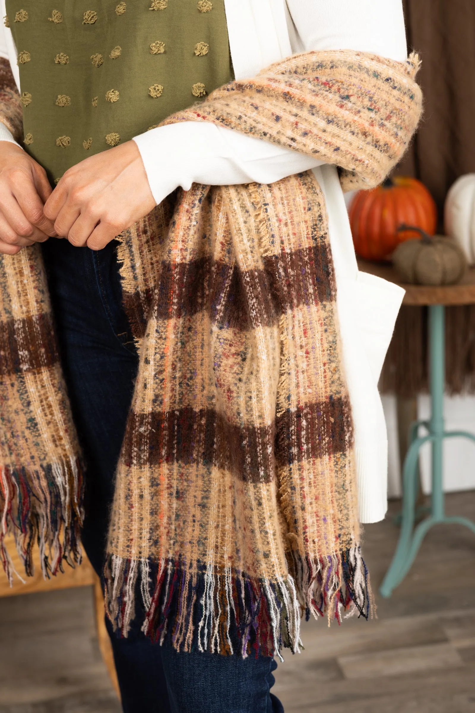 Multicolor Knit Soft Boucle Scarf With Fringe