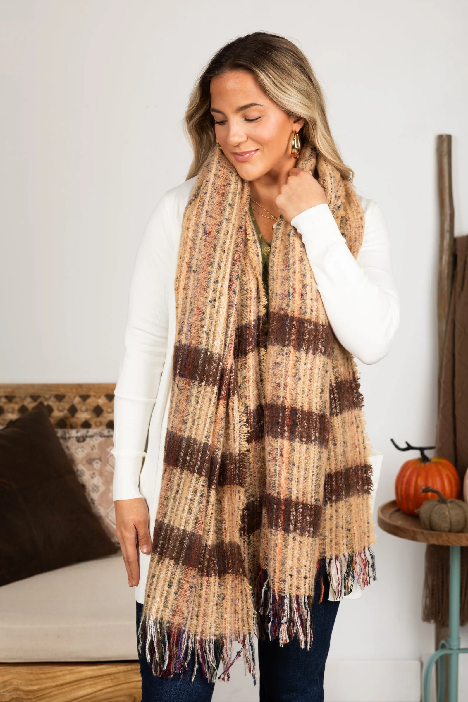 Multicolor Knit Soft Boucle Scarf With Fringe