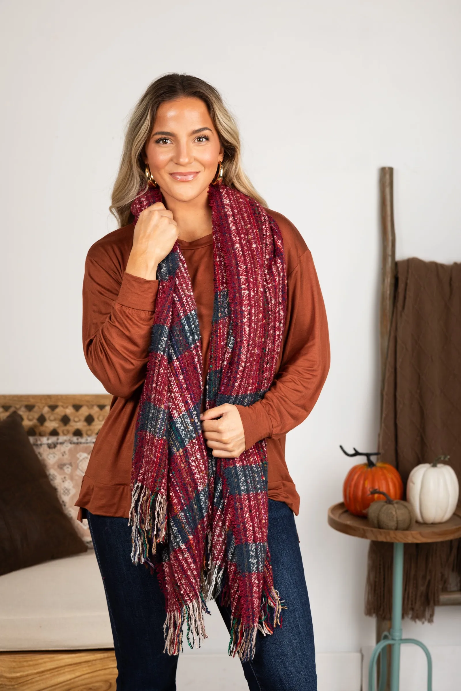 Multicolor Knit Soft Boucle Scarf With Fringe