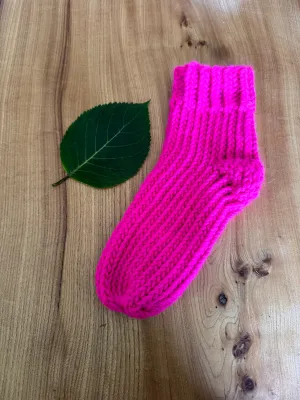 Neon pink hand knitted merino wool socks