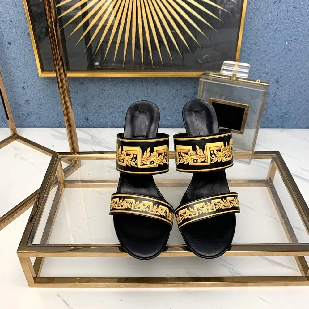 New Hot Sale Summer Shoes Women Sexy Women Slippers Genuine Cow Leather Print Super High Heels Women Slippers Zapatos De Mujer