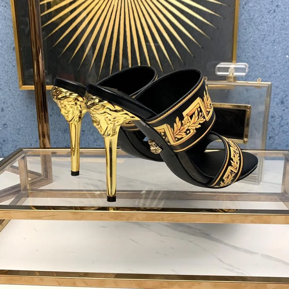 New Hot Sale Summer Shoes Women Sexy Women Slippers Genuine Cow Leather Print Super High Heels Women Slippers Zapatos De Mujer