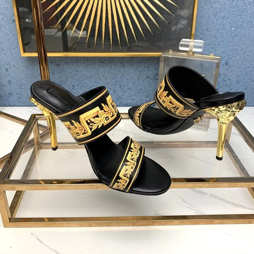 New Hot Sale Summer Shoes Women Sexy Women Slippers Genuine Cow Leather Print Super High Heels Women Slippers Zapatos De Mujer