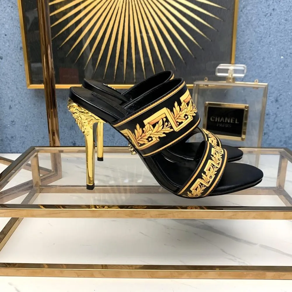 New Hot Sale Summer Shoes Women Sexy Women Slippers Genuine Cow Leather Print Super High Heels Women Slippers Zapatos De Mujer