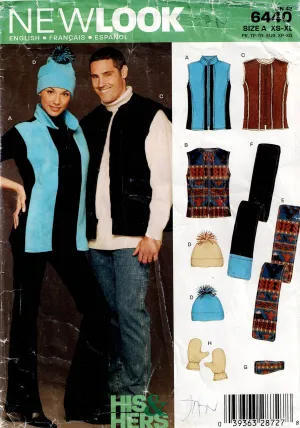 New Look 6440 Mens Womens UNISEX Fleece Vest Hat Scarf Mittens & Headband Out Of Print Sewing Pattern Size 10 - 22 UNCUT Factory Folded