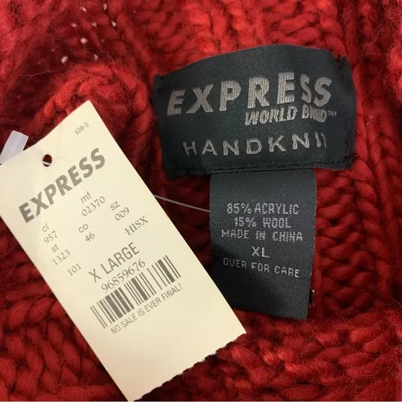 NWT Express Hand-Knit Chunky Cable Knit Roll Collar Wool Blend Sweater Red XL