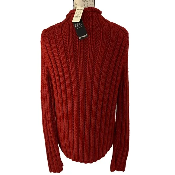 NWT Express Hand-Knit Chunky Cable Knit Roll Collar Wool Blend Sweater Red XL