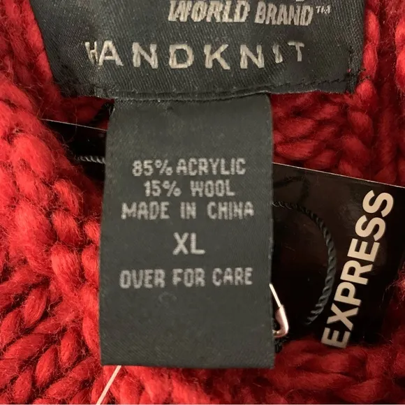 NWT Express Hand-Knit Chunky Cable Knit Roll Collar Wool Blend Sweater Red XL