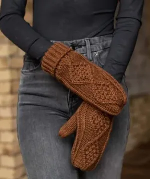 Panache - Brown cable knit fleece lined mitten.
