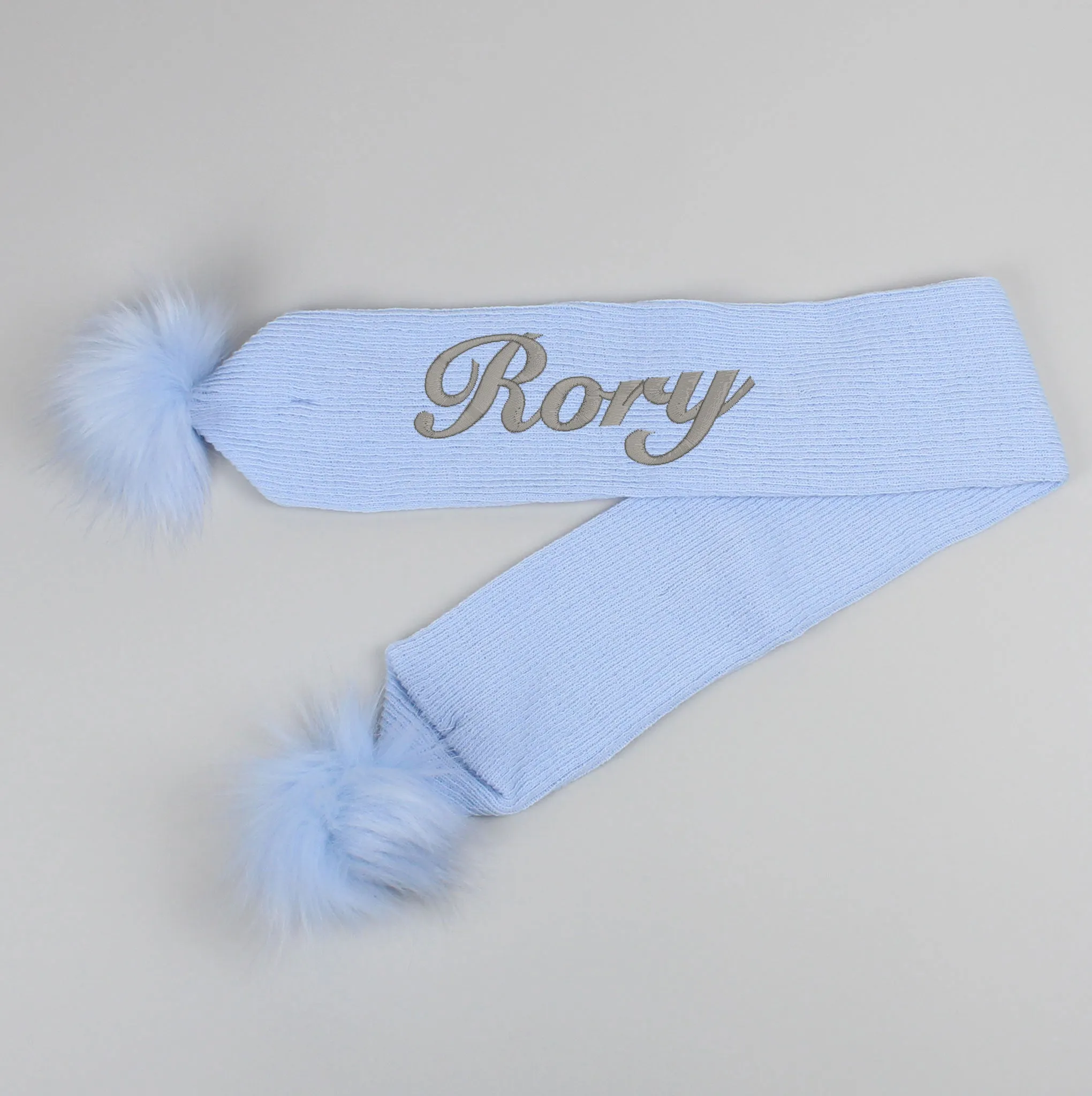 Personalised Baby Scarf Blue with Blue Faux Fur pom poms