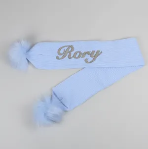 Personalised Baby Scarf Blue with Blue Faux Fur pom poms