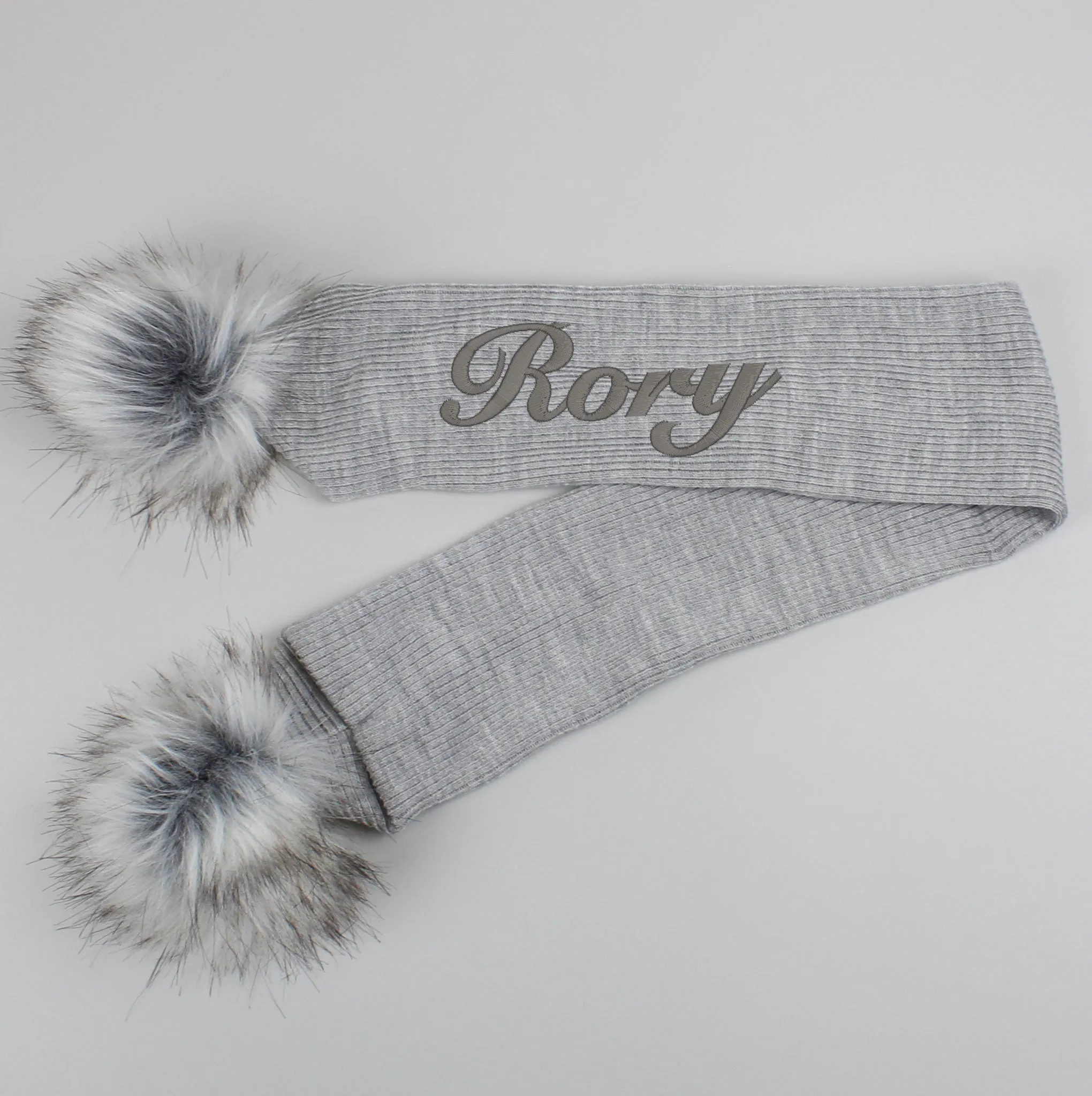 Personalised Baby Scarf Grey with Faux Fur pom poms