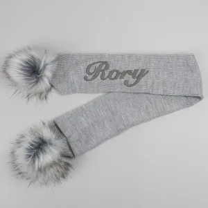 Personalised Baby Scarf Grey with Faux Fur pom poms