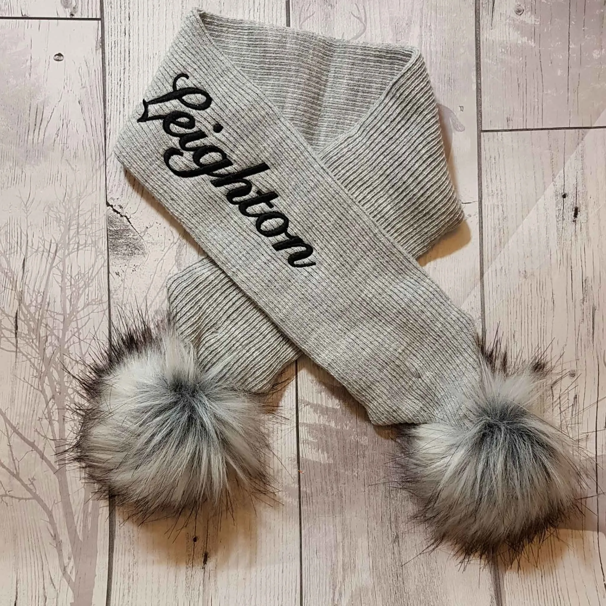 Personalised Baby Scarf Grey with Faux Fur pom poms